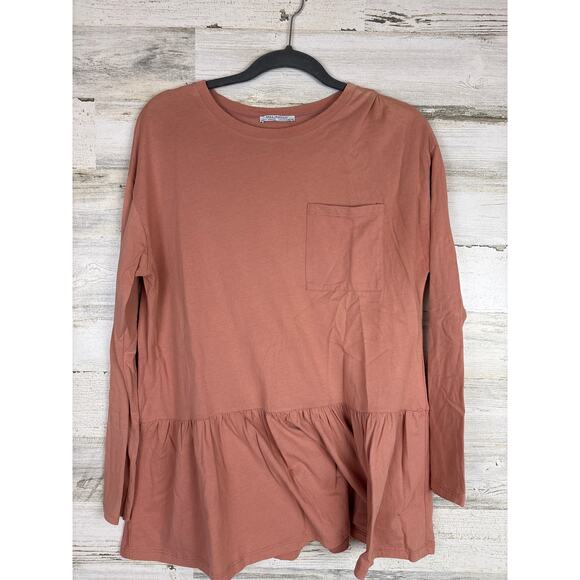 Zara Trafaluc Women’s M Salmon Boho Long Sleeve Peplum Blouse Top Shirt - Picture 1 of 3